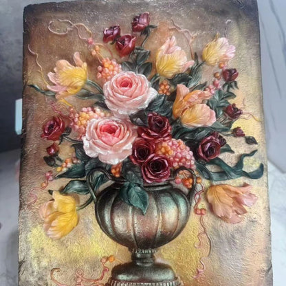 Handmade Large Oil Painting Relief Rose Tulip Bouquet Vase Wall Hanging Resin Molds