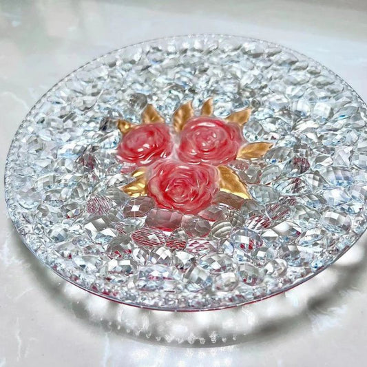 Handmade Diamond Three Roses Large Round Tray Resin Molds