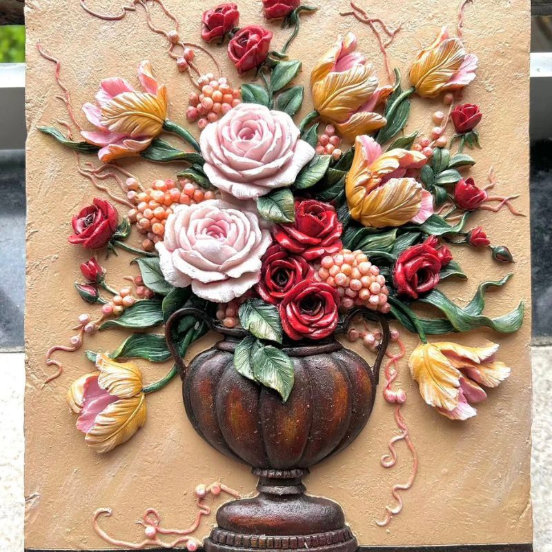 Handmade Large Oil Painting Relief Rose Tulip Bouquet Vase Wall Hanging Resin Molds