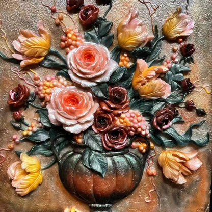 Handmade Large Oil Painting Relief Rose Tulip Bouquet Vase Wall Hanging Resin Molds