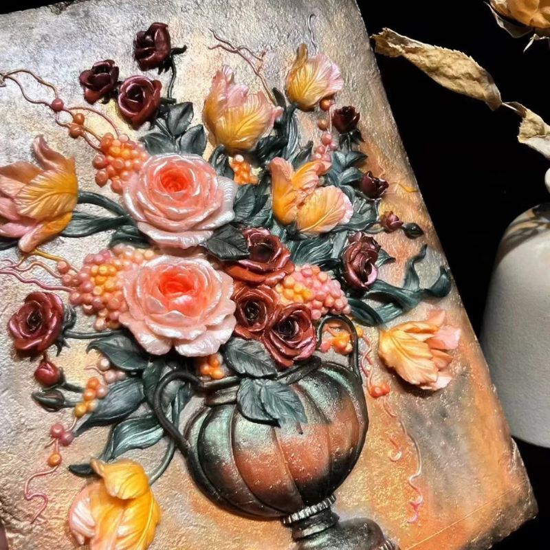 Handmade Large Oil Painting Relief Rose Tulip Bouquet Vase Wall Hanging Resin Molds